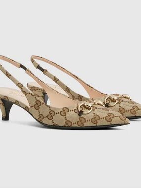 Gucci Beige GG Canvas Horsebit Slingback Pumps with Gold Hardware
